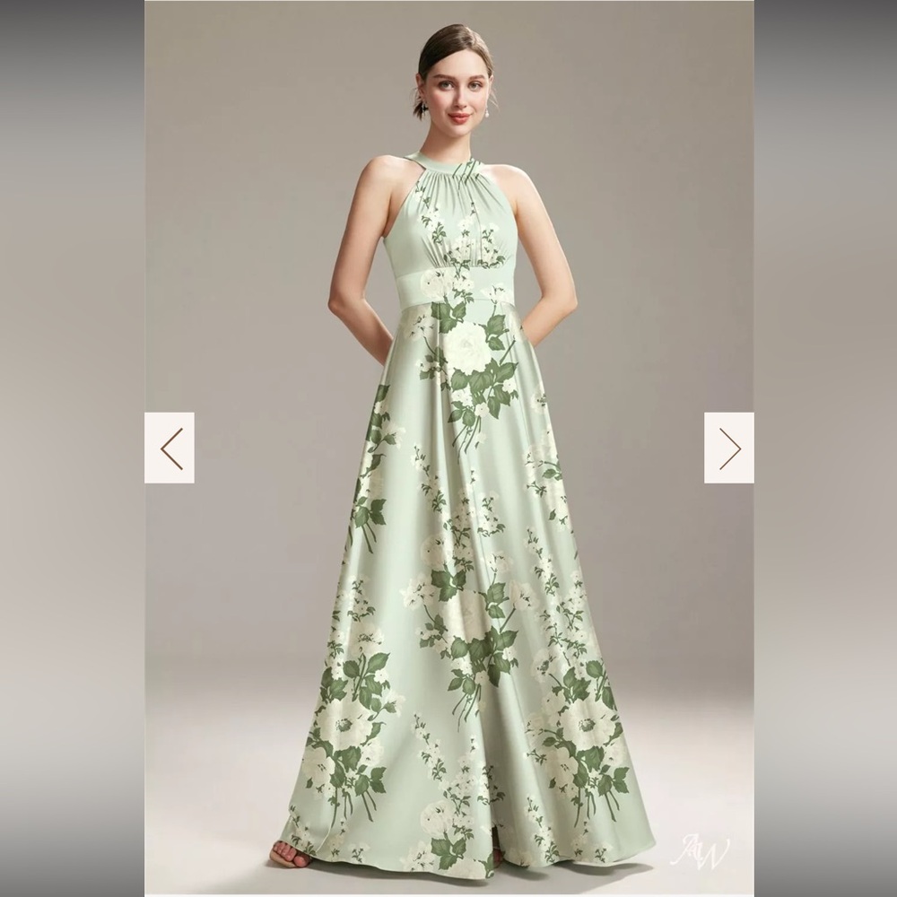 Sage Green Floral Satin Bridesmaid Dress Halter Maxi Wedding Guest Size 6 NWOT